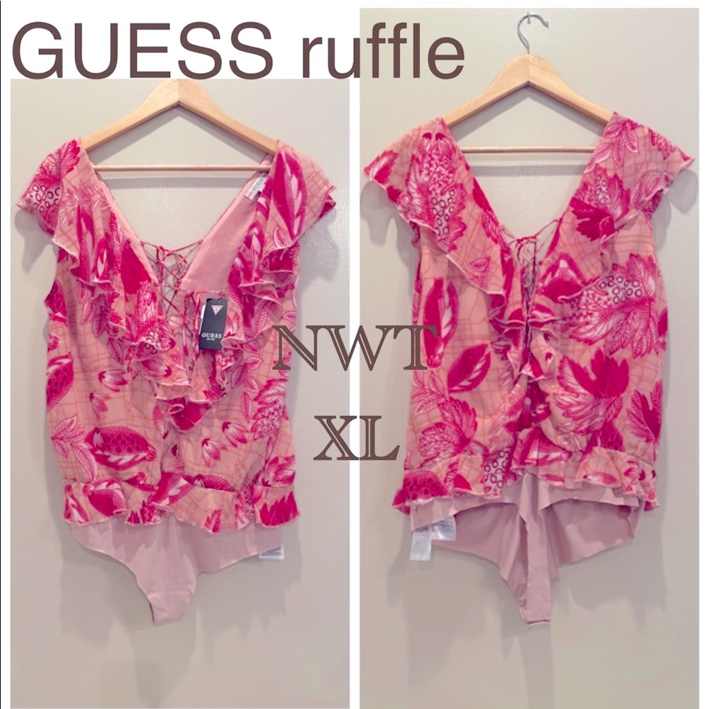 NWT XL Guess pale pink bodysuit red pink floral ruffle lace up flutter flounce